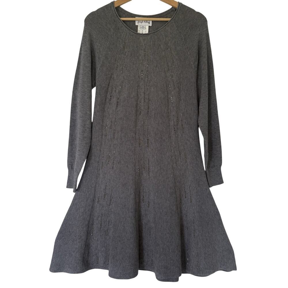 Joseph Ribkoff Gray Studded Knit Sweater Dress Med Fit & Flare Long Sleeve Party